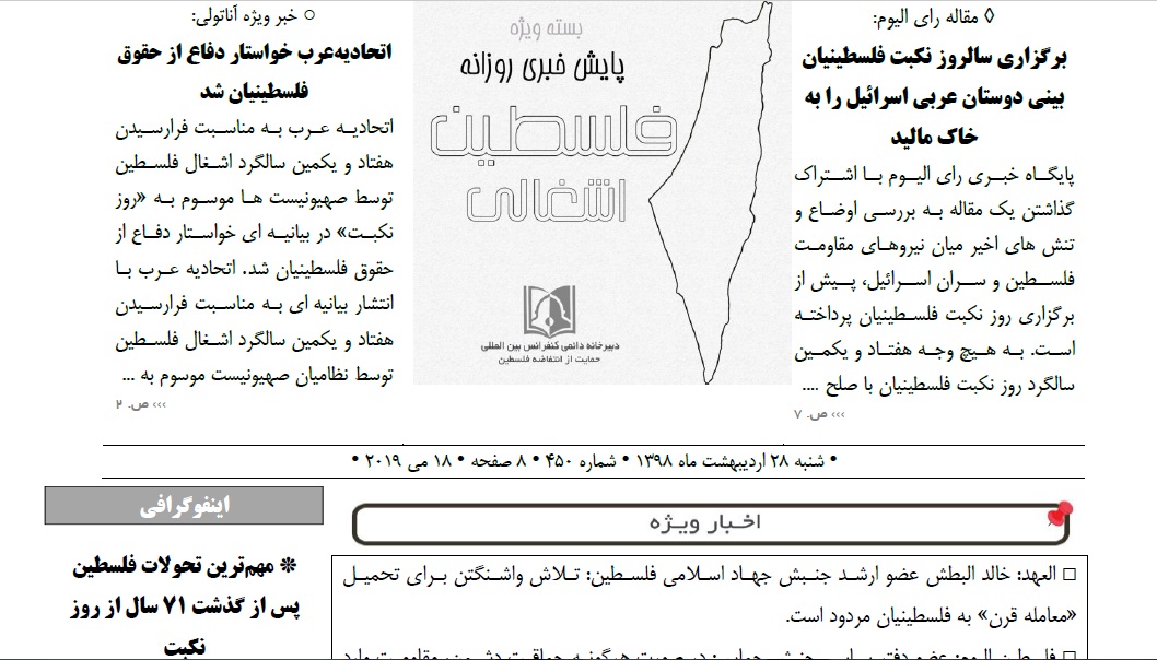 بسته خبری روز پایش اخبار مهم فلسطین (28 اردیبهشت)
برگزاری سالروز نکبت فلسطینیان بینی دوستان عربی اسرائیل را به خاک مالید واکنش شدیداللحن مقاومت فلسطین به موضعگیری جنجالی علاوی کمک مالی به حامیان اسرائیل در سراسر جهان برای مقابله با جنبش تحریم(BDS) سفره ی افطاری رونالدو در فلسطین