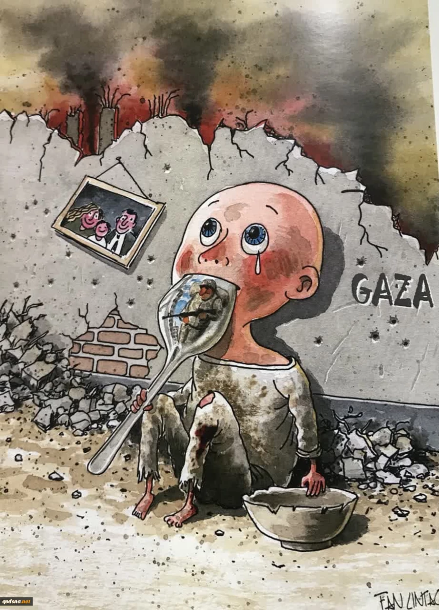 کاریکاتوری از «فان لیانتو » کاریکارتوریست چینی ارسالی برای نمایشگاه «سال صفر » در موزه فلسطین تهران سال ۱۴۰۴ 2
