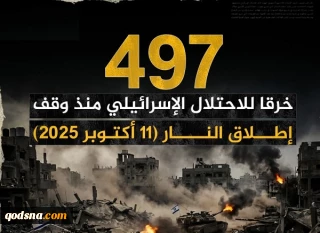 مرکز آماری پژوهشی معطی گزارش داد؛

 ۴۹۷ مورد نقض آتش بس در غزه از سوی رژیم صهیونیستی+ عکس