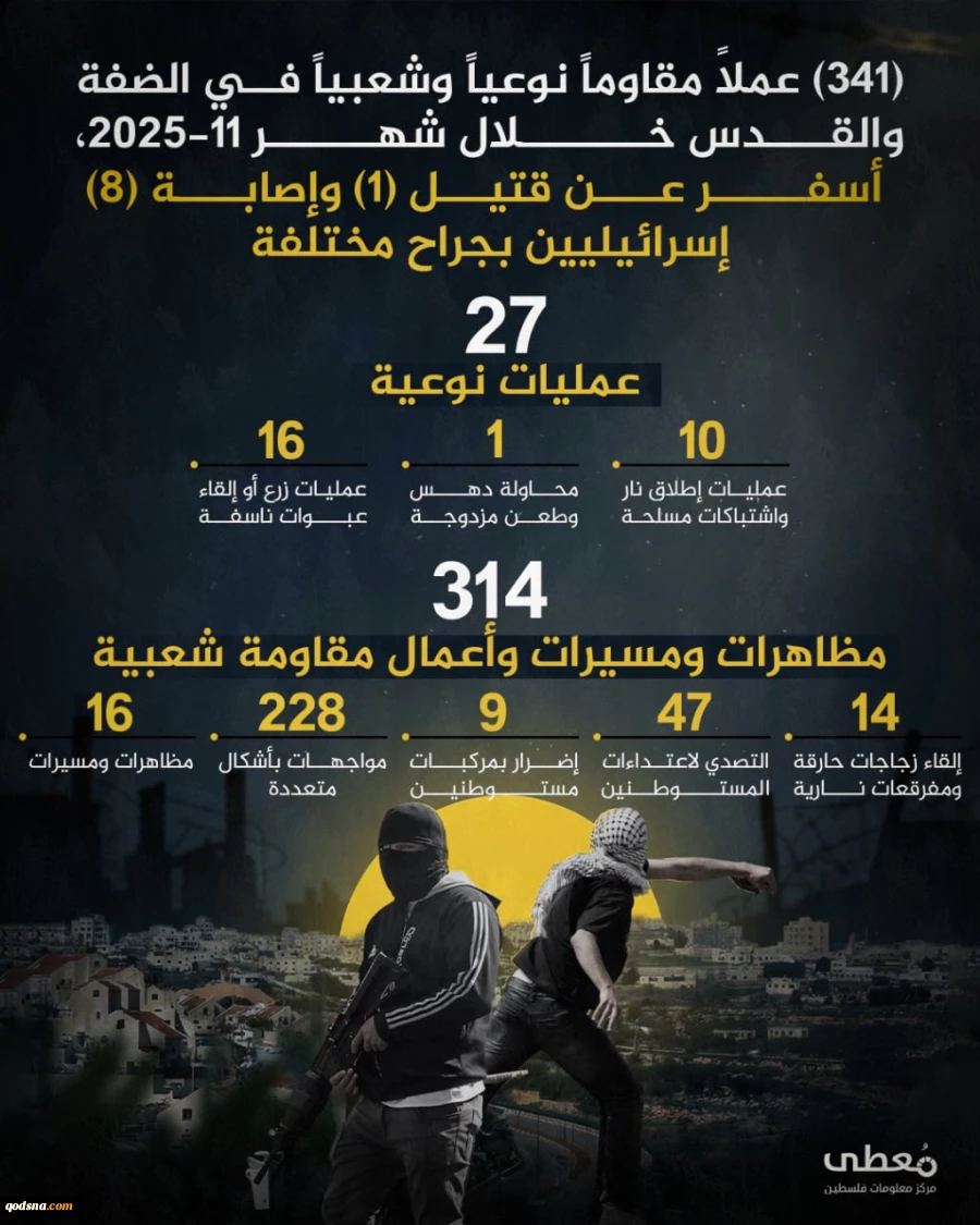 مرکز پژوهشی آماری معطی گزارش داد؛ 341  عملیات مقاومتی در کرانه باختری طی ماه نوامبر/ ثبت میانگین قریب به 12 عملیات در هر روز +نمودار 3